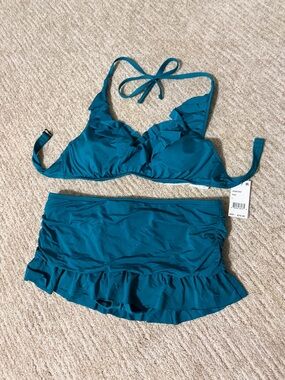 Kenneth Cole Reaction Teal Ruffle Bikini Top & Skirt Swim Set